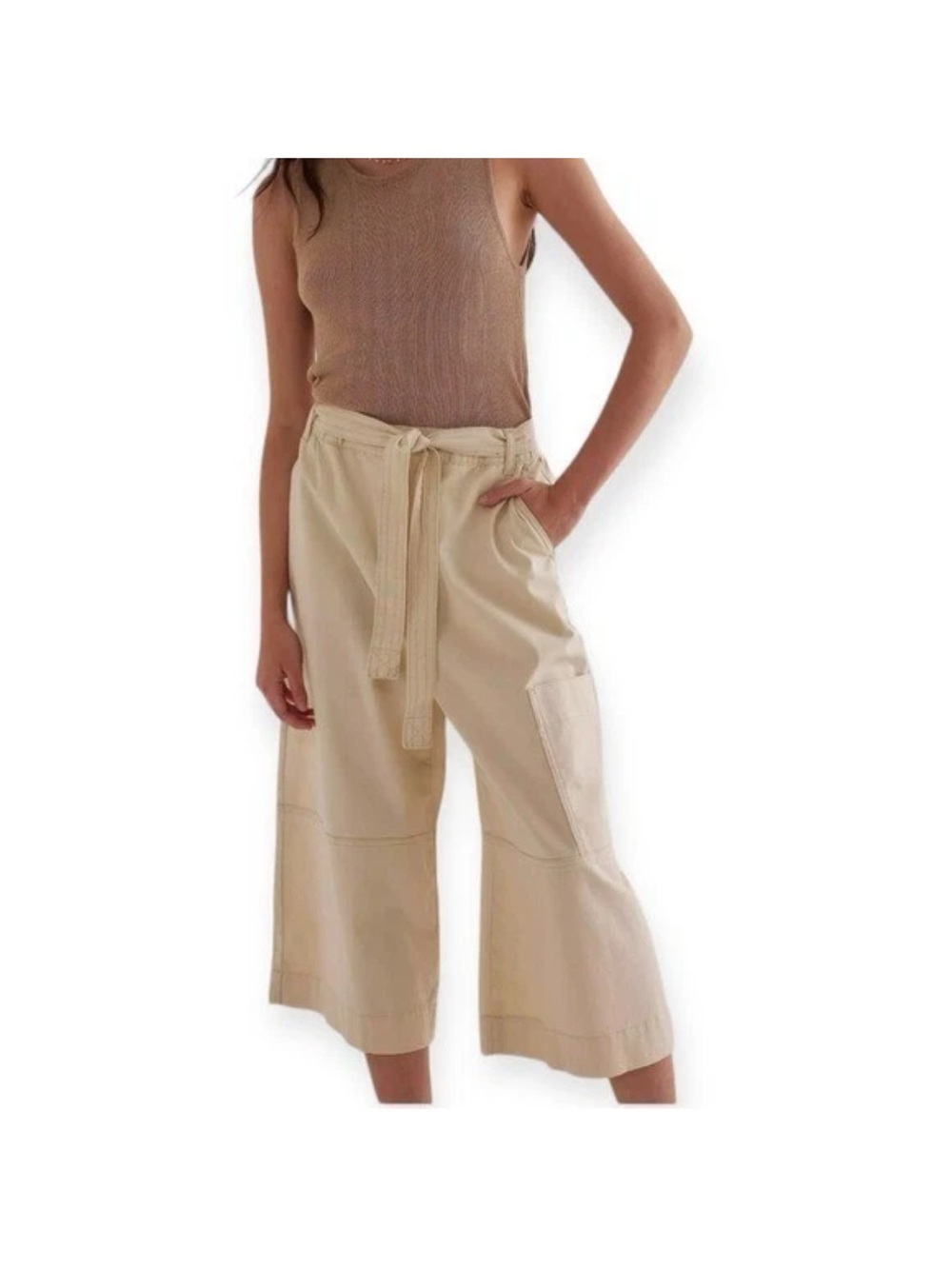 Maeve Anthropologie Wide-Leg Crop Pull-on Pants with Tie Waist - Cream